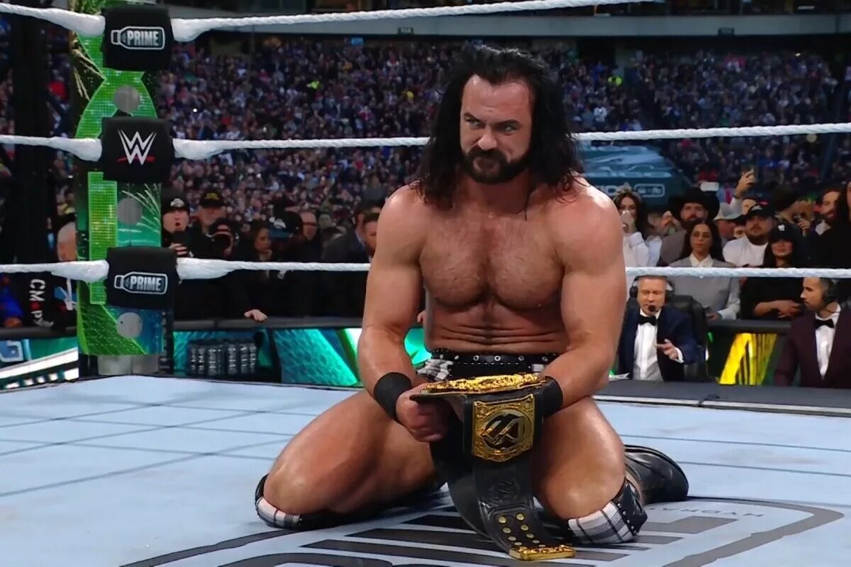 A photo of new WWE World Heavyweight Champion Drew McIntyre at WrestleMania 40.