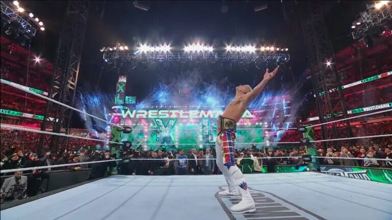 A photo of Cody Rhodes winning the Undisputed WWE Universal Championship at WrestleMania 40.