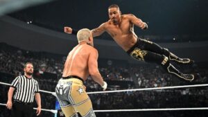 A photo of new WWE SmackDown superstar Carmelo Hayes against Undisputed WWE Champion Cody Rhodes on SmackDown.