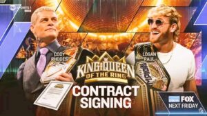 A WWE SmackDown graphic featuring King and Queen of the Ring PLE main event competitors Cody Rhodes and Logan Paul.