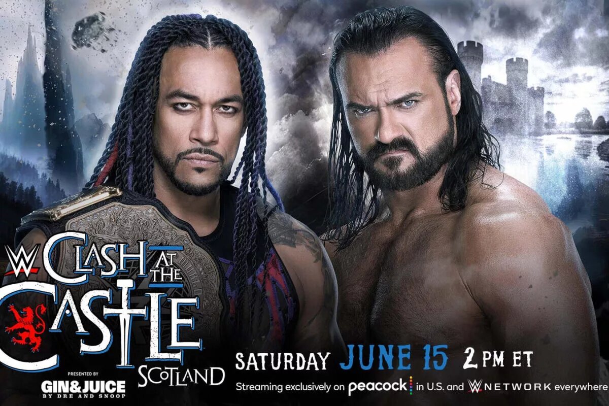 WWE Clash at the Castle graphic of Damian Priest and Drew McIntyre