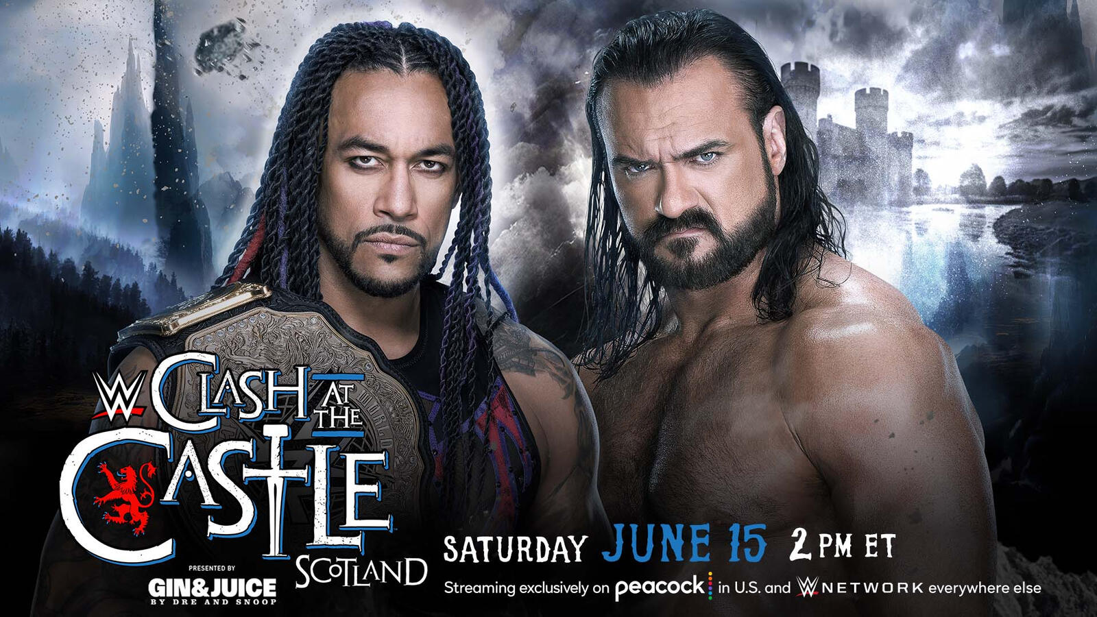 WWE Clash at the Castle graphic of Damian Priest and Drew McIntyre