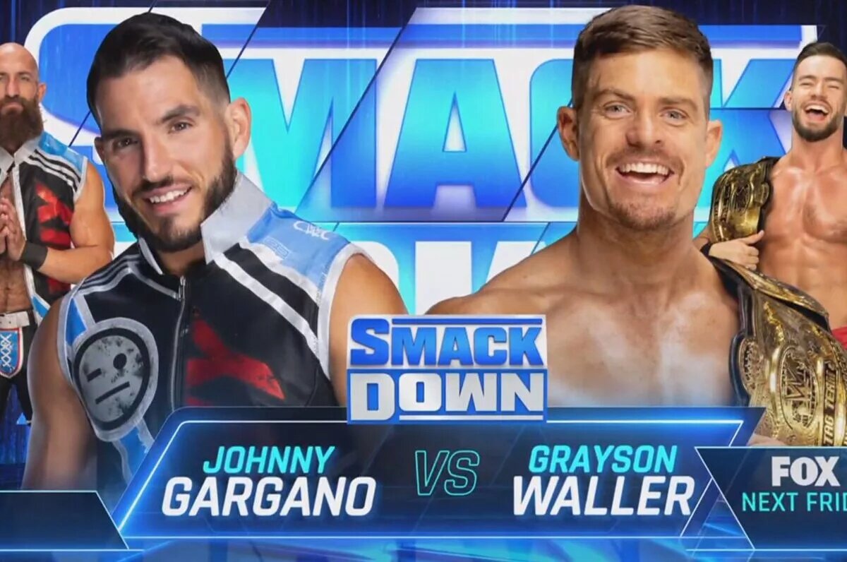 A WWE SmackDown match graphic featuring Johnny Gargano and Grayson Waller.