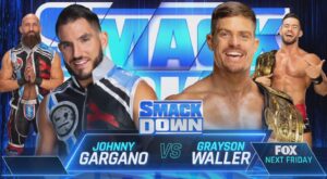 A WWE SmackDown match graphic featuring Johnny Gargano and Grayson Waller.