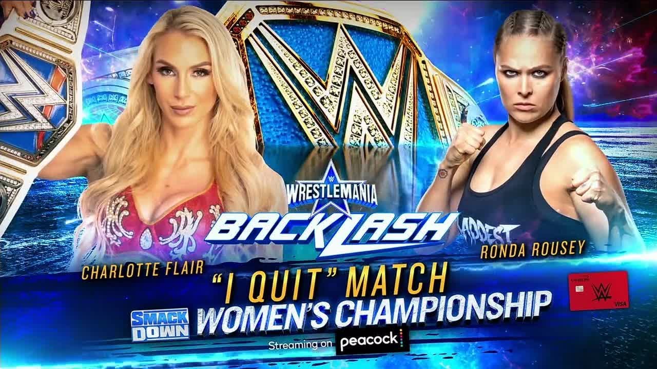 A match graphic hyping up the WWE "I Quit" Match between Charlotte Flair and Ronda Rousey.