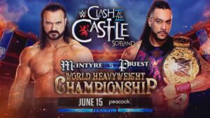 A WWE Clash at the Castle 2024 graphic featuring Drew McIntyre and Damian Priest.