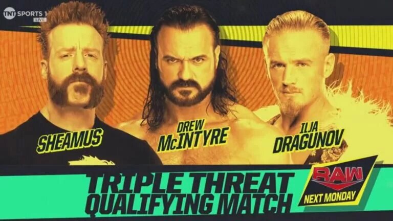 A match graphic for WWE Raw featuring Drew McIntyre, Sheamus, and Ilja Dragunov.