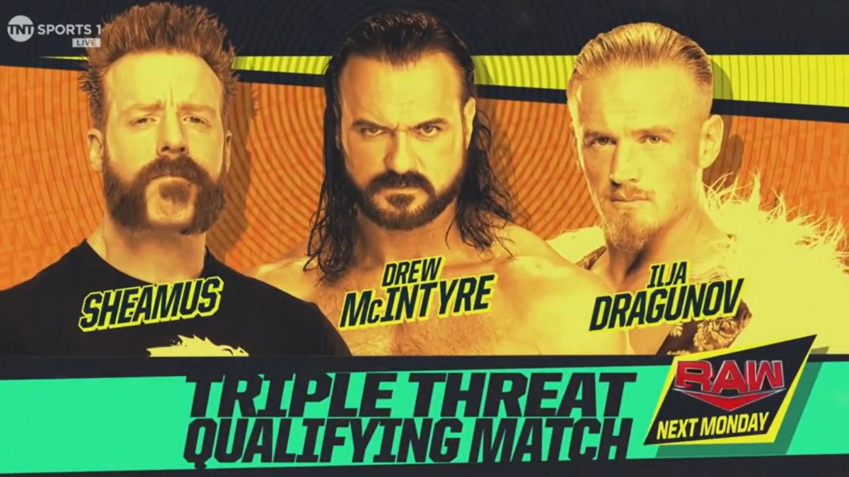 A match graphic for WWE Raw featuring Drew McIntyre, Sheamus, and Ilja Dragunov.
