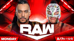 WWE Raw graphic of Damian Priest and Rey Mysterio
