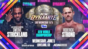 AEW Dynamite graphic of AEW World Championship match between Swerve Strickland and Roderick Strong