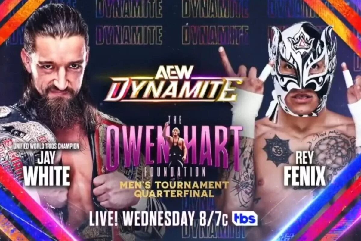AEW Dynamite graphic of Jay White and Rey Fenix