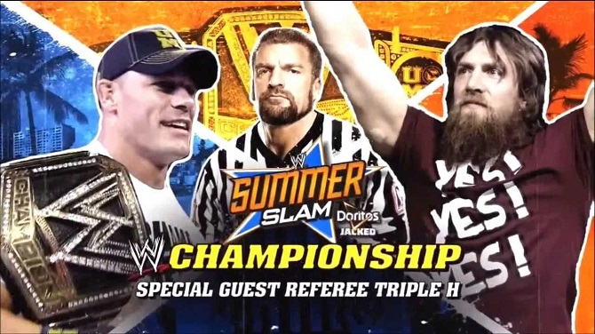 A WWE SummerSlam 2013 match graphic featuring John Cena, Daniel Bryan, and Triple H.