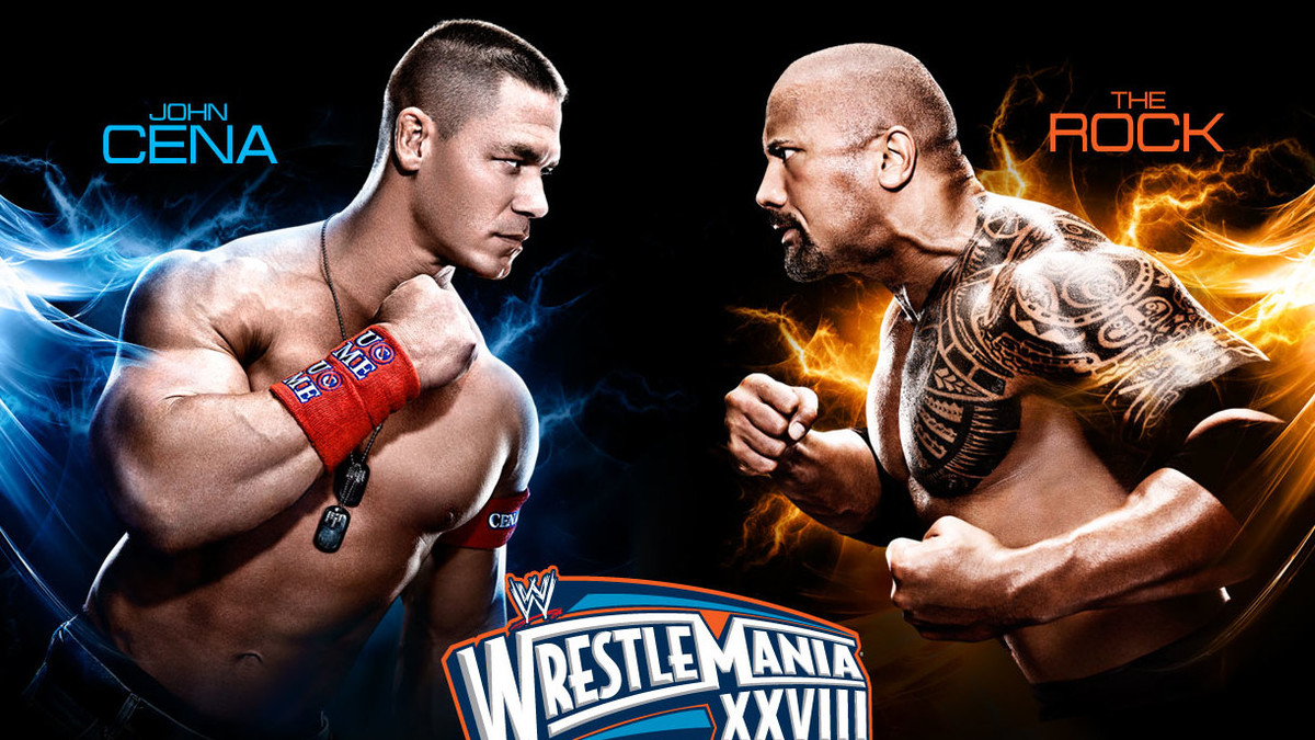 A match graphic for WWE WrestleMania XXVIII featuring John Cena and The Rock.