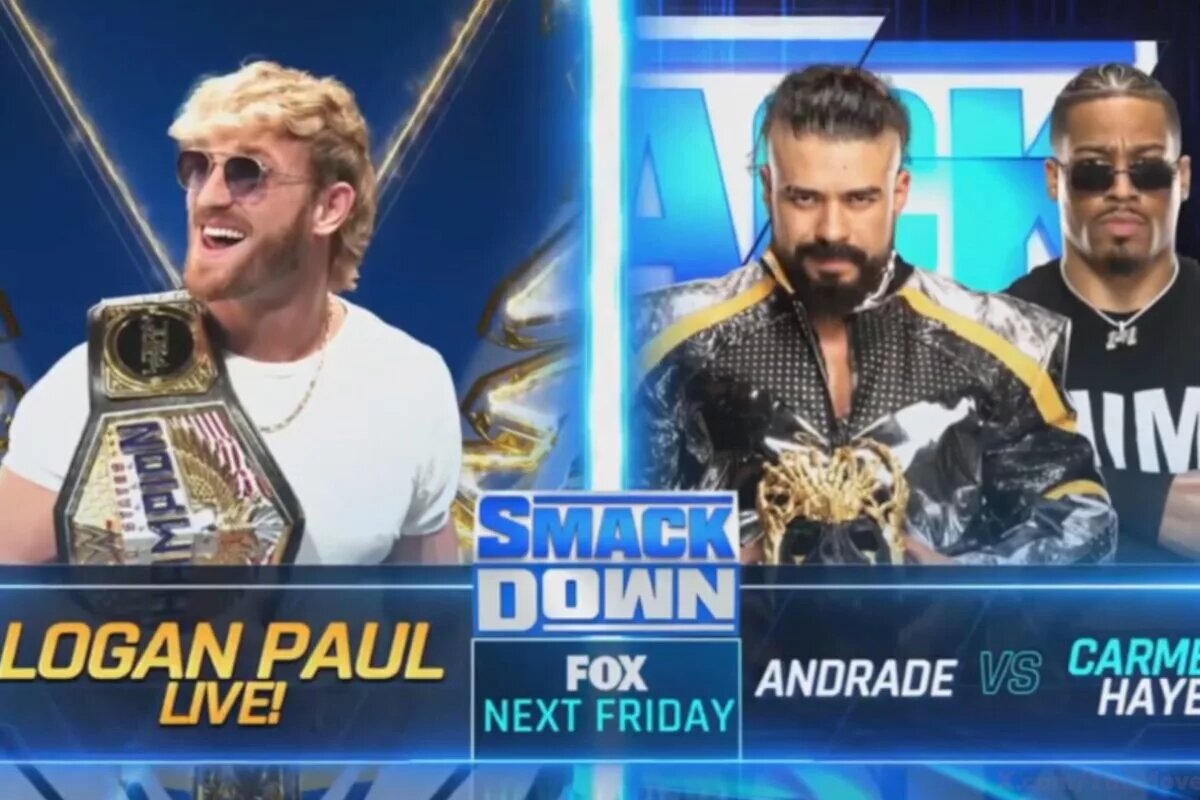 A WWE SmackDown graphic featuring Logan Paul, Andrade, and Carmelo Hayes.