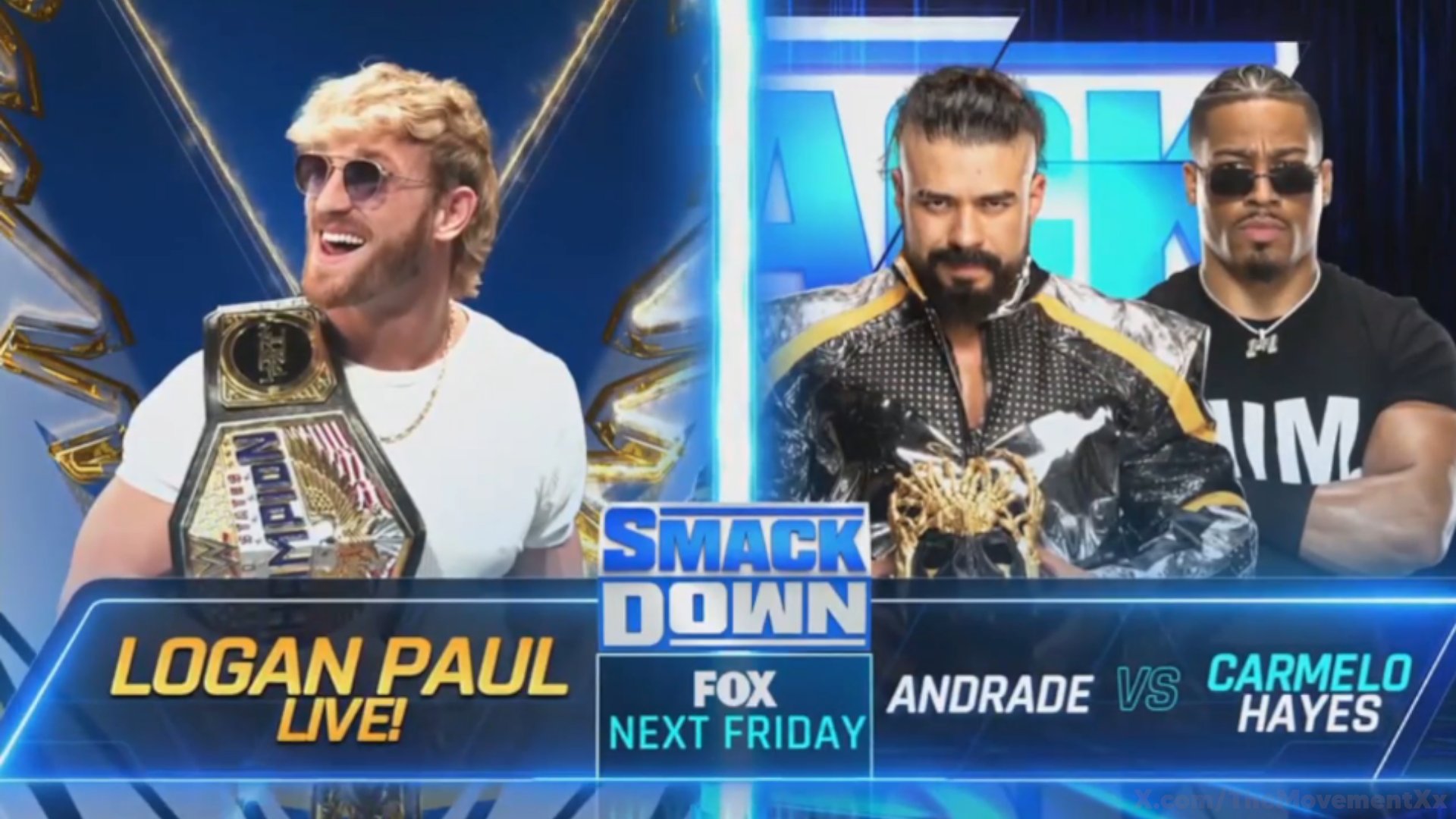 A WWE SmackDown graphic featuring Logan Paul, Andrade, and Carmelo Hayes.