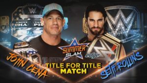 A match graphic featuring Seth Rollins and John Cena advertising their match at the '15 edition of WWE SummerSlam.