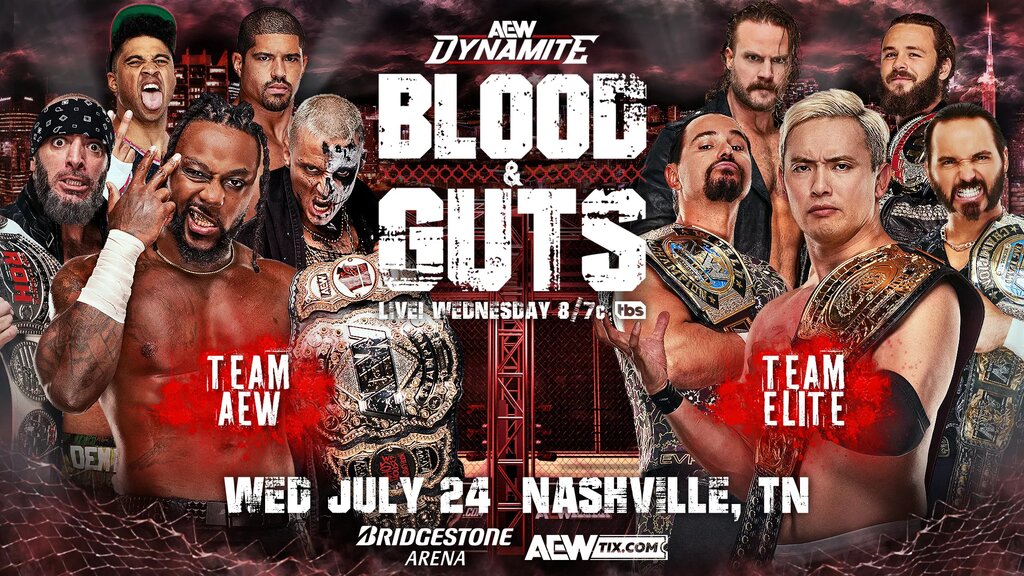 A match graphic advertising the 2024 iteration of AEW Dynamite "Blood and Guts" live from Bridgestone Arena