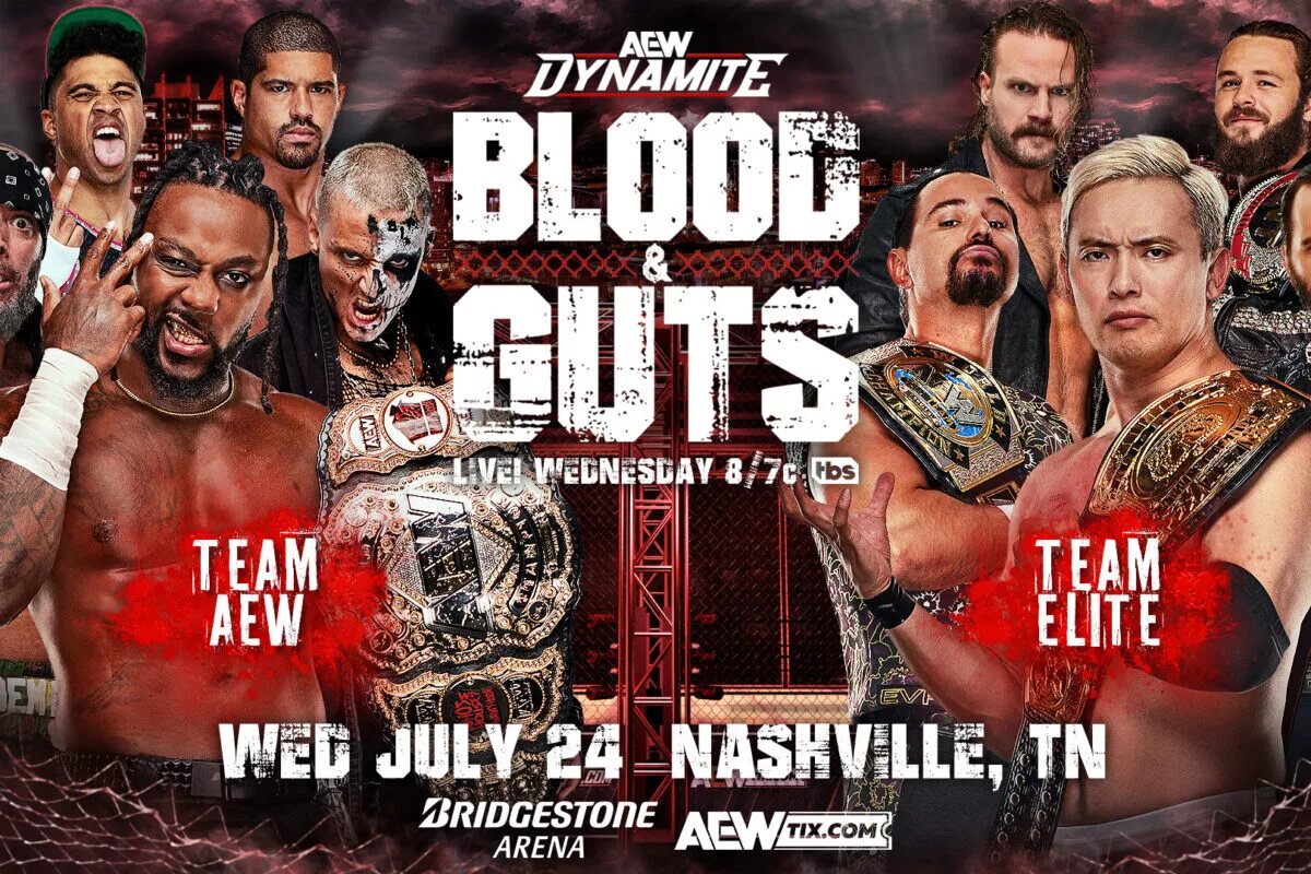A match graphic advertising the 2024 iteration of AEW Dynamite "Blood and Guts" live from Bridgestone Arena