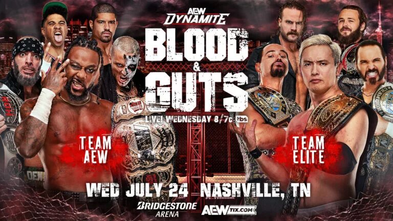 A match graphic advertising the 2024 iteration of AEW Dynamite "Blood and Guts" live from Bridgestone Arena