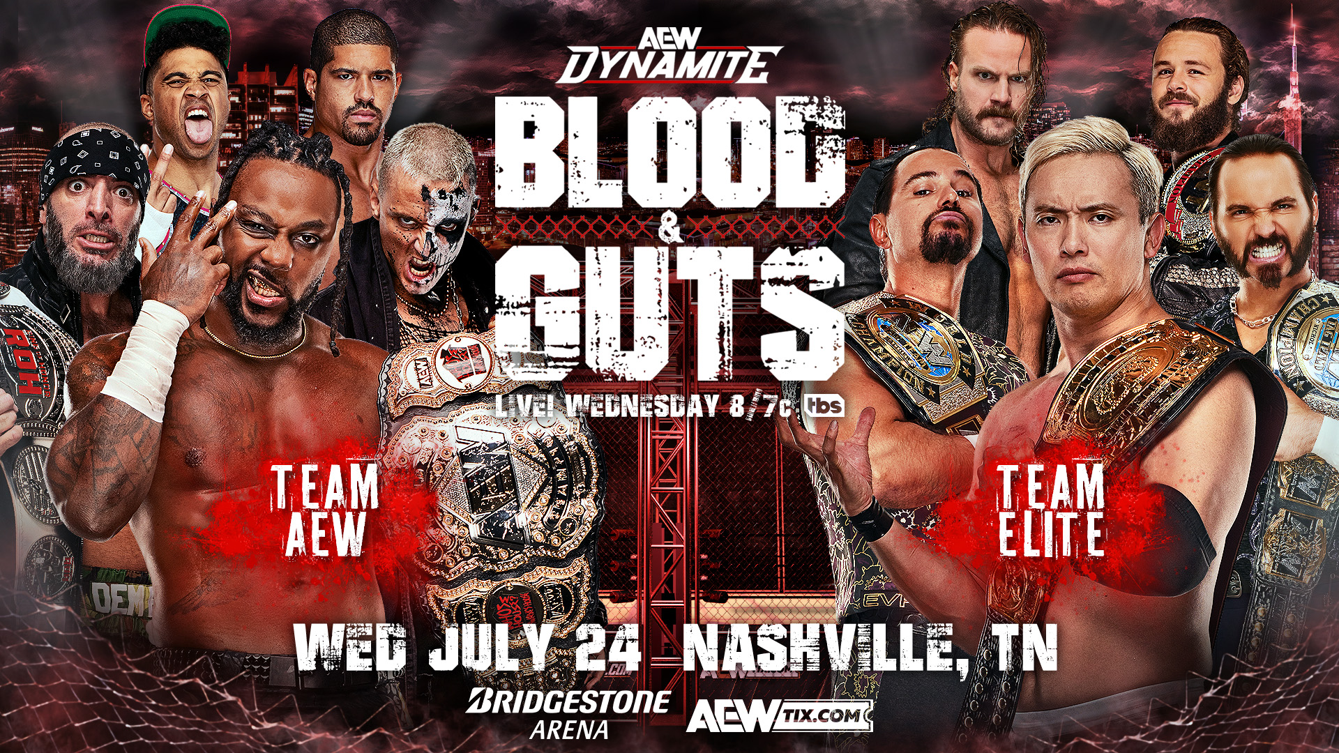 A match graphic advertising the 2024 iteration of AEW Dynamite "Blood and Guts."