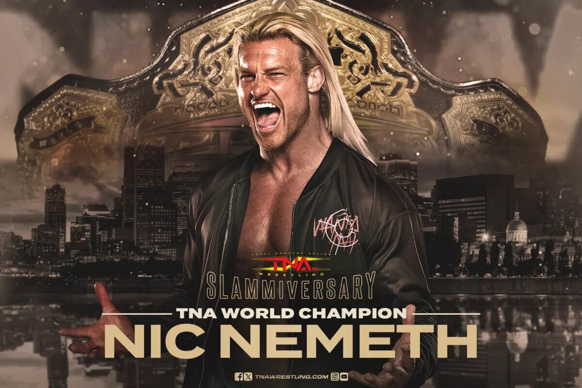 A photo of #AndNEW TNA World Champion Nic Nemeth, winning at TNA Slammiversary 2024.