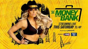 A photo of Trish Stratus on promotional material for WWE Money in the Bank in Toronto.