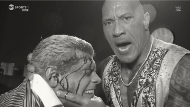 A photo of Cody Rhodes and The Rock on WWE Raw ahead of WWE WrestleMania 40.