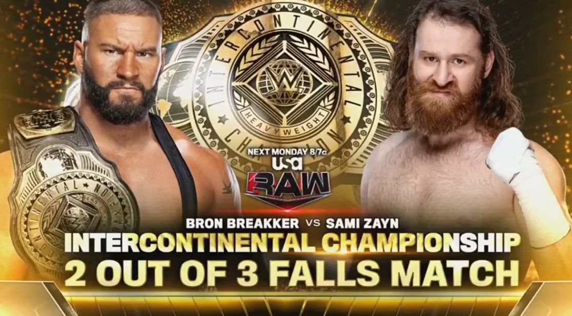 A match graphic for WWE Raw featuring Sami Zayn and Bron Breakker.