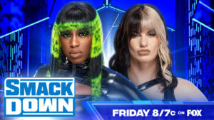 A match graphic for WWE SmackDown featuring Blair Davenport and Naomi.