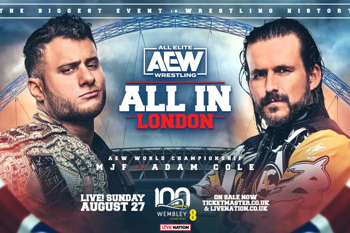 A match graphic featuring Adam Cole and MJF at AEW All In: London 2023.