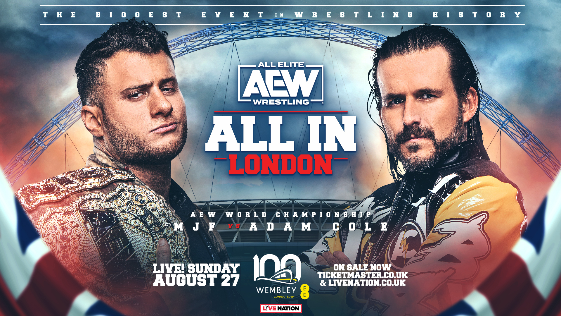 A match graphic featuring Adam Cole and MJF at AEW All In: London 2023.