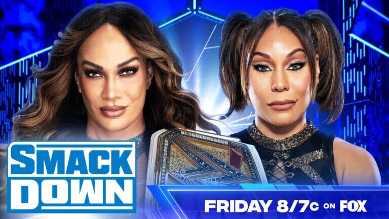 A WWE SmackDown match graphic featuring WWE Women's Champion Nia Jax and Michin.