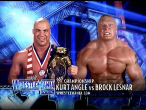 A match graphic for WWE WrestleMania XIX featuring Kurt Angle and Brock Lesnar, pillars of the Ruthless Aggression era.