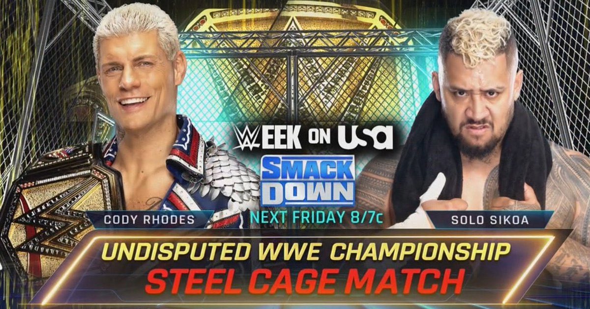 A WWE SmackDown graphic advertising Cody Rhodes and Solo Sikoa for the Undisputed WWE Championship in a Steel Cage on the USA Network.