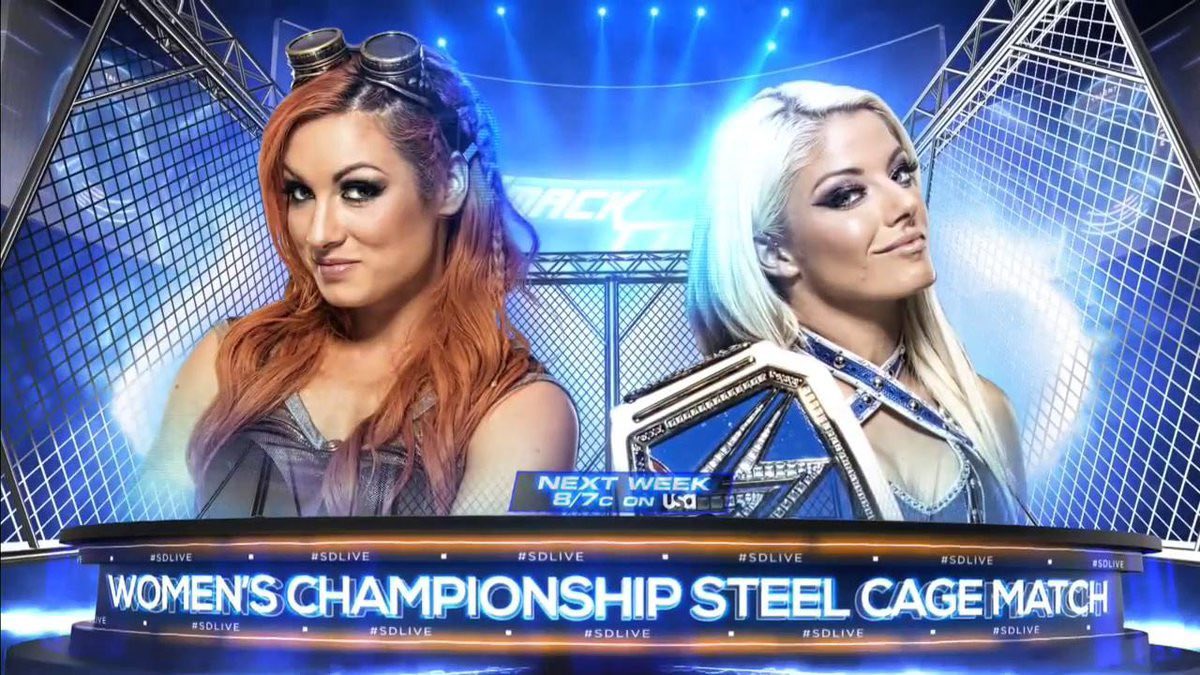 A WWE SmackDown graphic from 2017 advertising the Steel Cage SmackDown Women's Championship Match between Becky Lynch and Alexa Bliss.