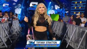 A photo of WWE SmackDown and Ms. Money in the Bank Tiffany Stratton. Also, a potential challenger for the WWE Women's Championship.