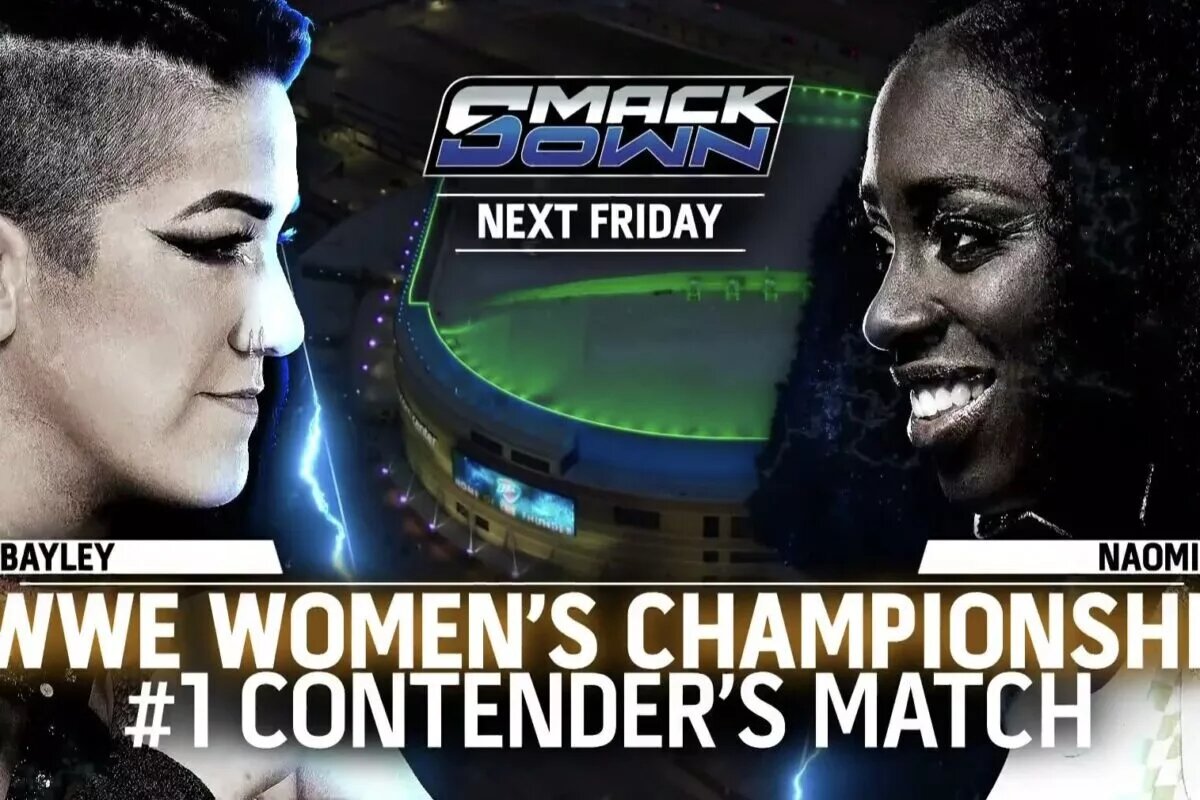 A WWE SmackDown match graphic featuring Bayley and Naomi.