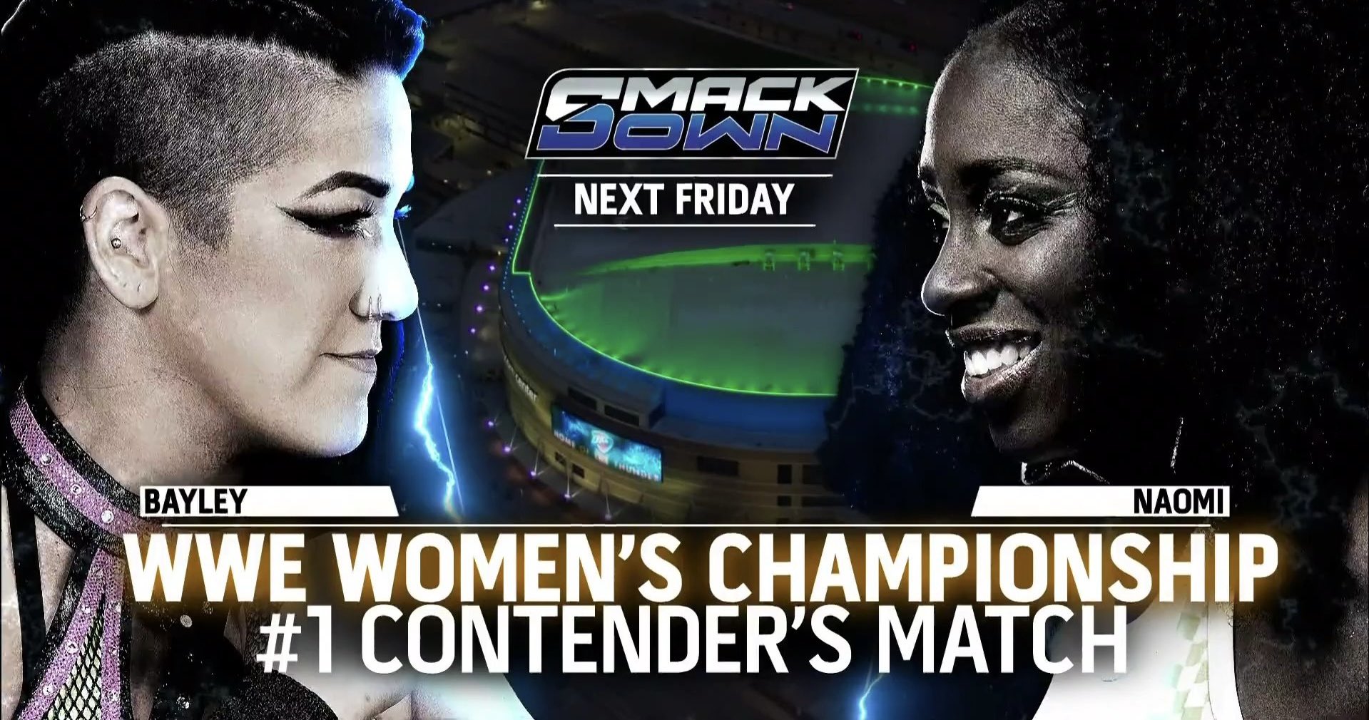 A WWE SmackDown match graphic featuring Bayley and Naomi.