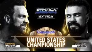 A match graphic for WWE SmackDown on the USA Network featuring United States Champion LA Knight and his challenger WWE Speed Champion Andrade.