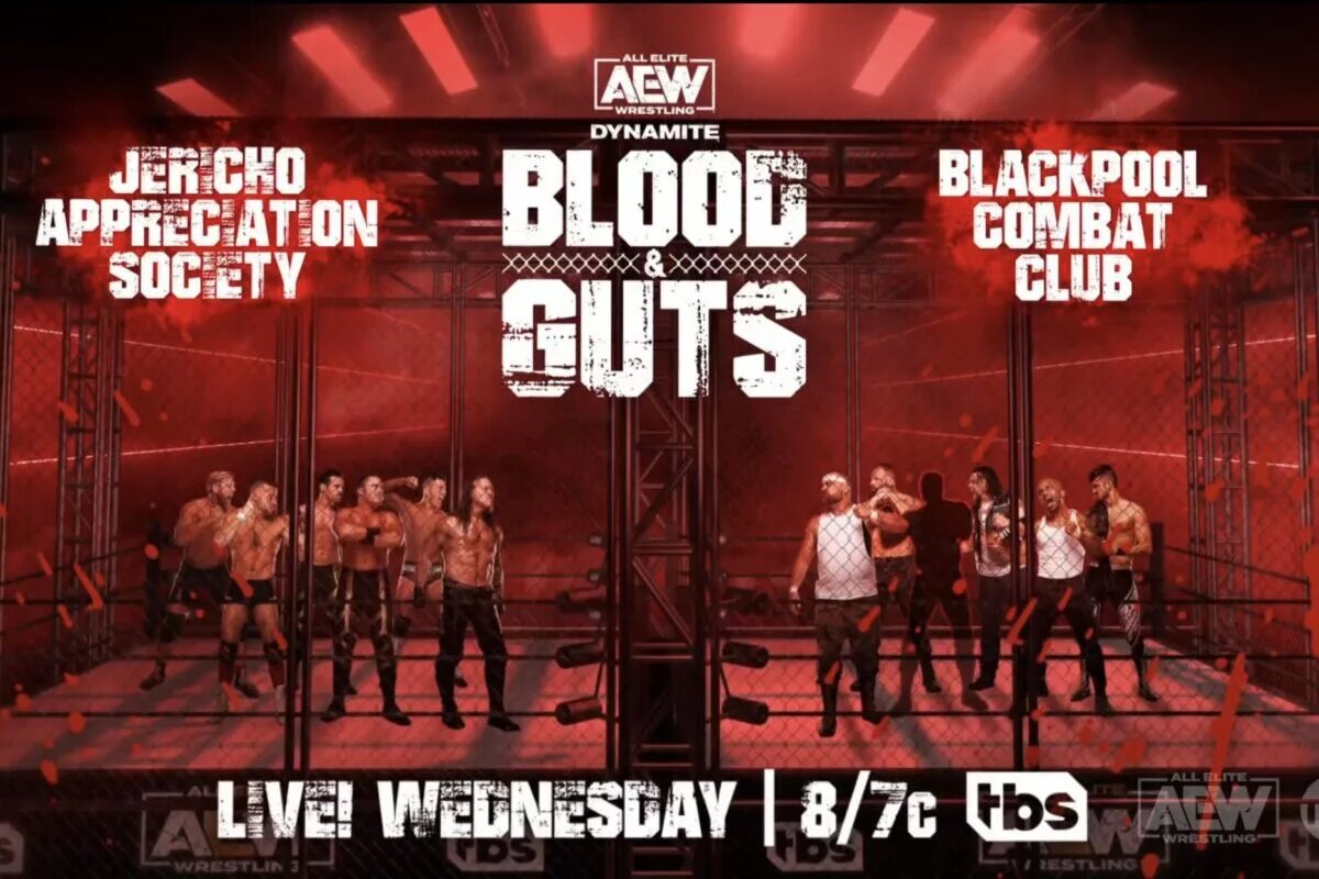 A match graphic from AEW Dynamite: Blood and Guts 2022 featuring the Jericho Appreciation Society and Blackpool Combat Club.