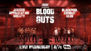 A match graphic from AEW Dynamite: Blood and Guts 2022 featuring the Jericho Appreciation Society and Blackpool Combat Club.