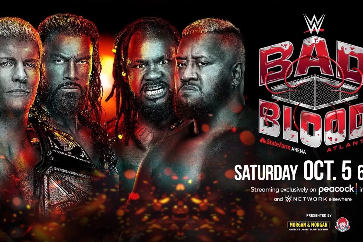 A match graphic for WWE Bad Blood featuring Roman Reigns & Cody Rhodes and The Bloodline.