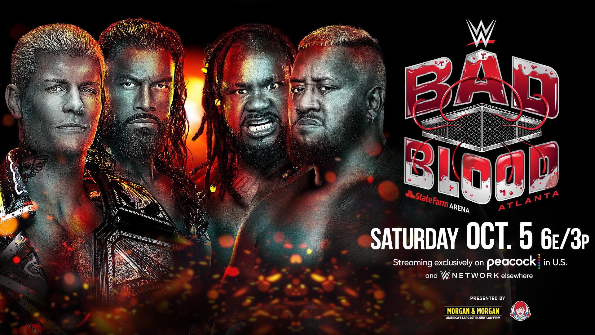 A match graphic for WWE Bad Blood featuring Roman Reigns & Cody Rhodes and The Bloodline.