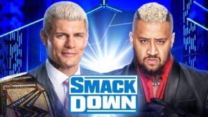 A WWE SmackDown graphic featuring Undisputed WWE Champion Cody Rhodes and Solo Sikoa.