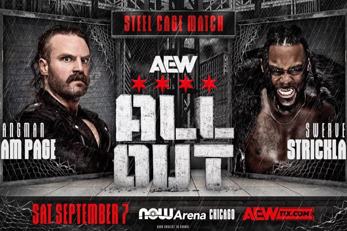 An AEW All Out 2024 graphic featuring Adam Page and Swerve Strickland.
