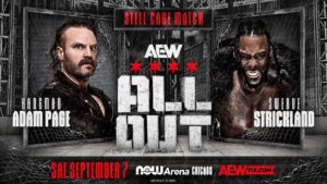 An AEW All Out 2024 graphic featuring Adam Page and Swerve Strickland.