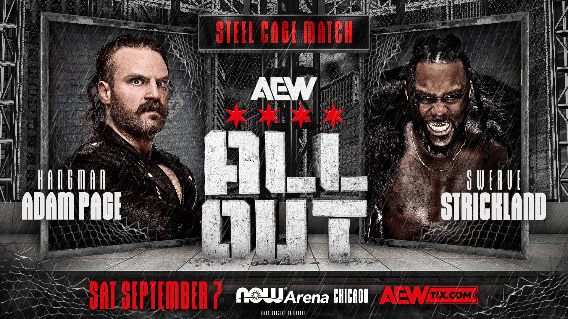 An AEW All Out 2024 graphic featuring Adam Page and Swerve Strickland.