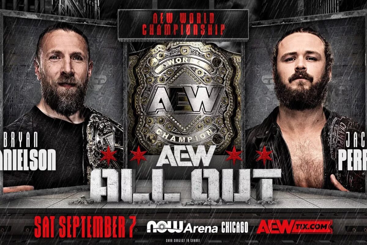 An AEW All Out 2024 match graphic featuring Jack Perry and Bryan Danielson.