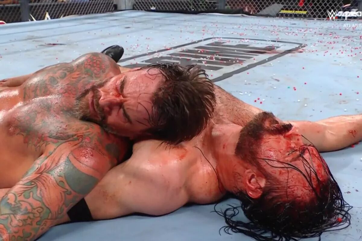 A match graphic from WWE Bad Blood during the CM Punk and Drew McIntyre "Hell in a Cell" Match.
