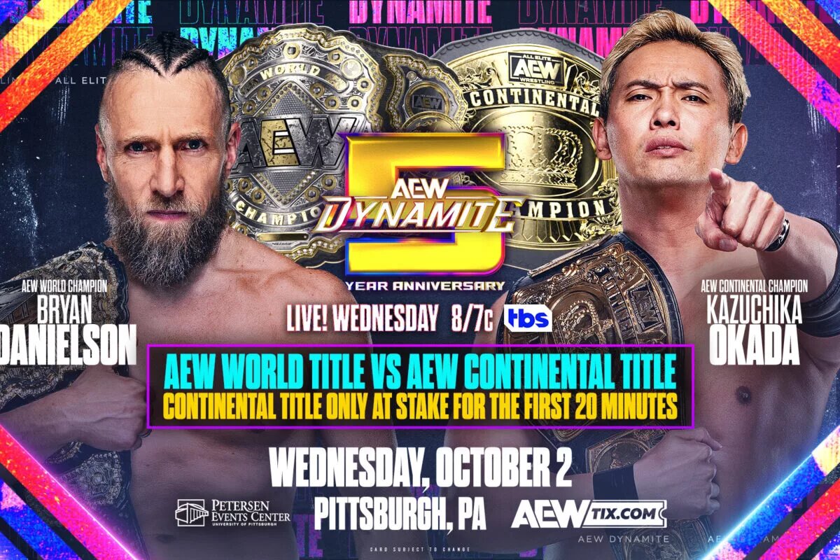 An AEW Dynamite match graphic featuring Bryan Danielson and Kazuchika Okada.